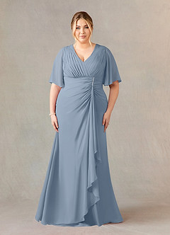 Azazie Carson Mother of the Bride Dresses Dusty Blue A-Line V-Neck Lace Chiffon Dress image6