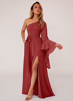 Barbie ♥ Azazie Bridesmaid Dresses Rust A-Line Long Sleeve Chiffon Dress image3