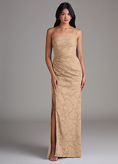 Azazie Eren Brautjungfernkleider Etui One-Shoulder Blumen-Burnout Kleid Champagner image1