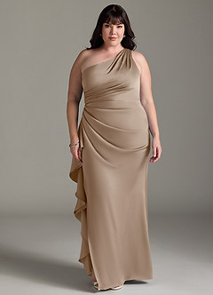 Azazie Latrice Brautjungfernkleider Etui Kaskadierende Rüschen an einer Schulter Stretch-Satin Kleid Taupe image6