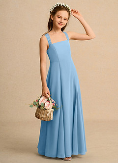 Azazie Tater Junior Formal Jurken voor bloemenmeisjes A-Lijn Jurk van Chiffon Geplooid Staal Blauw image3