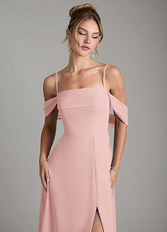 Azazie Mercedes Bridesmaid Dresses Powder Pink A-Line Off the Shoulder Chiffon Dress image3