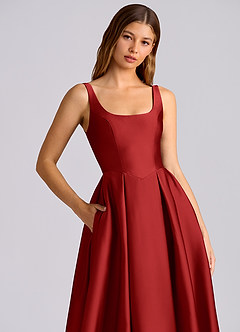 Azazie Amalie Bridesmaid Dresses Pomegranate A-Line Pleated Stretch Satin Dress image2
