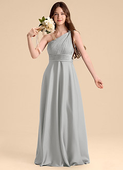 Azazie Charlize Junior Silver A-Line Pleated Stretch Satin Dress image6