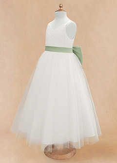 Azazie Lea Flower Girl Dresses Dusty Sage A-Line Spaghetti Strap Tulle Dress image8