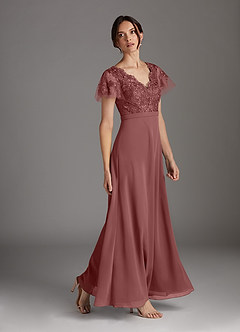Azazie Singer Mother of the Bride Dresses Desert Rose A-Line V-Neck Lace Chiffon Dress image3