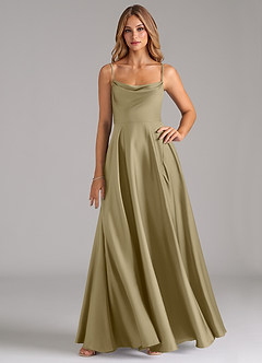 Azazie Elle Bridesmaid Dresses Moss Green A-Line Pleated Stretch Satin Dress image1