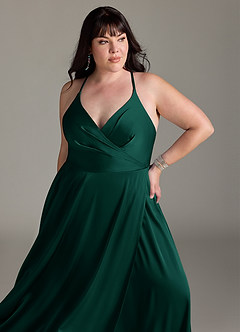 Azazie Davis Bridesmaid Dresses Emerald A-Line Pleated Stretch Satin Dress image11