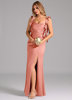 Azazie Jessamine Bridesmaid Dresses Coral A-Line Corset Stretch Satin Dress image1