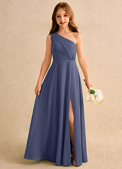 Azazie Puddles Girls Formal Robe Demoiselle D'honneur Fillette Robe Trapèze en Mousseline de soie Une épaule Bleu Orageux image1