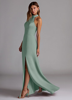 Azazie Myra Jurken voor thuis passen Jurk van Stretch Satijn met A-Lijn Hoge Kraag Agave image5