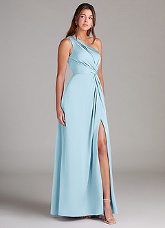 Azazie Brooke Robes de demoiselle d'honneur Robe Trapèze en Satin extensible Ue épaule Bleu Ciel image4
