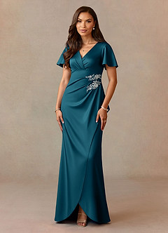 Azazie Robins Mother of the Bride Dresses Ink Blue A-Line Pleated Stretch Satin Dress image1