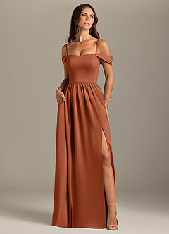 Azazie Calianna Bridesmaid Dresses Cedar Rose A-Line Off the Shoulder Stretch Satin Convertible Dress image5