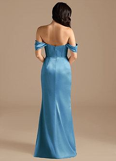 Azazie Lynden Bridesmaid Dresses Steel Blue Sheath Off the Shoulder Metallic Satin Convertible Dress image5