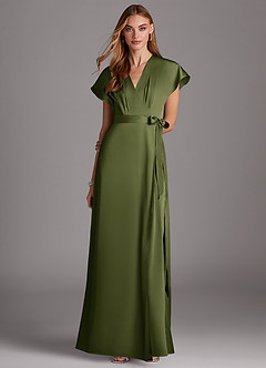 Azazie Nico Robes de demoiselle d'honneur Robe Trapèze en Satin extensible Col en V Olive image1