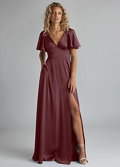 Azazie Kimber Bridesmaid Dresses Sangria A-Line Ruched Stretch Satin Dress image1