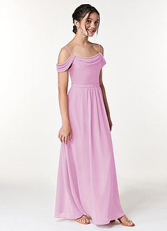 Azazie Alivia Junior Candy Pink A-Line Off the Shoulder Chiffon Dress image3