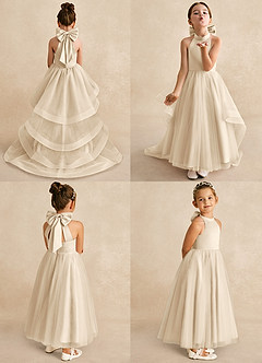 Azazie Bev Abiti da Ragazza di Fiori Abito A-Line in Tulle Convertibile Champagne image2