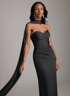 Azazie Jasmyn Bridesmaid Dresses Black Sheath Strapless Stretch Satin Dress image4