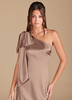 Azazie Capri Bridesmaid Dresses Taupe Sheath One Shoulder Metallic Satin Dress image5
