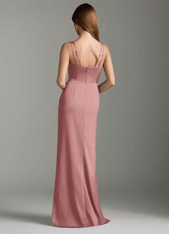 Azazie Leo Bridesmaid Dresses Dusty Rose Sheath Pleated Stretch Satin Dress image2