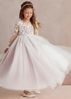 Azazie Elodie Flower Girl Dresses Ivory Dusty Rose Ball-Gown Lace Dress image2