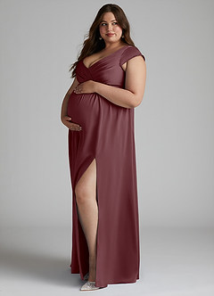 Azazie Allessia Robes de demoiselle d'honneur de maternité Robe Trapèze Plissée Longueur ras du sol Satin extensible image8