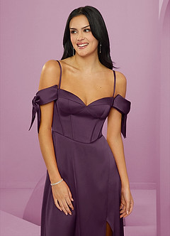 Barbie ♥ Azazie Bridesmaid Dresses Plum A-Line Off the Shoulder Stretch Satin Dress image12