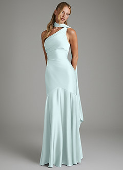 Azazie Amara Bridesmaid Dresses Sea Glass Mermaid One Shoulder Stretch Satin Dress image4