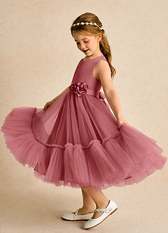 Azazie Miracle Sukienki dla dziewczynek sypiących kwiaty Linia A Ukłon Matowy satynowy Długość herbaty Sukienka image1