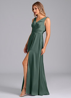 Azazie Karina Bridesmaid Dresses Sea Moss A-Line Pleated Stretch Satin Dress image3