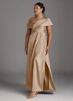 Azazie Milton Mother of the Bride Dresses Taupe A-Line Pleated Stretch Satin Dress image11