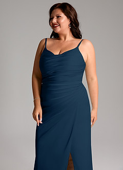 Azazie Deandra Bridesmaid Dresses Dark Navy Mermaid Pleated Stretch Satin Dress image12