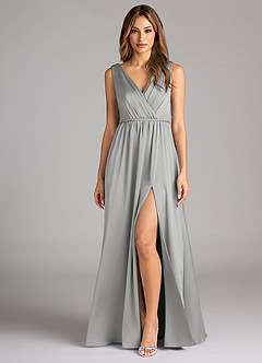 Azazie Tanicia Bridesmaid Dresses Silver A-Line Pleated Stretch Satin Dress image1