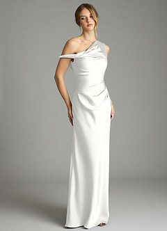 Azazie Emerson Vestidos de madrinha de casamento Vestido Branco de Cetim elástico de sereia com Ombros Caídos image5