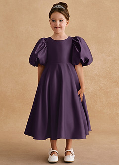 Azazie Sugarplum Robe Demoiselle D'honneur Fillette Robe Trapèze en Mat Satiné avec manches Prune image3
