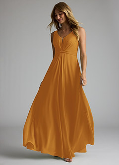 Azazie Gina Bridesmaid Dresses Butterscotch A-Line V-Neck Pleated Chiffon Dress image2