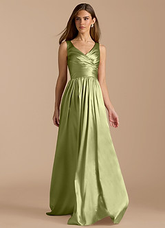 Azazie Keyla Bridesmaid Dresses Pistachio A-Line Pleated Metallic Satin Dress image6