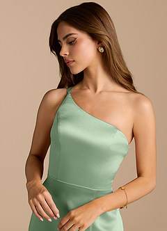 Azazie Trina Final Sale Matcha A-Line One Shoulder Metallic Satin Dress image8