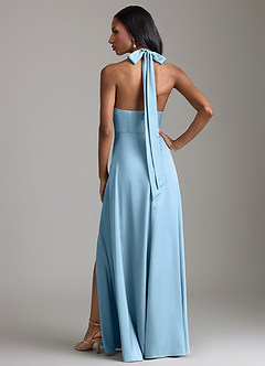 Azazie Tracie Bridesmaid Dresses Steel Blue A-Line Side Slit Stretch Satin Dress image2