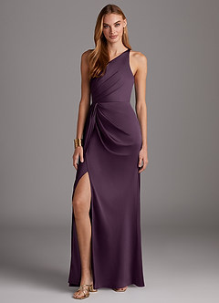 Azazie Mika Bridesmaid Dresses Plum Sheath One Shoulder Stretch Satin Dress image3