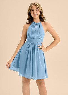 Azazie Bonnie Junior Steel Blue A-Line Pleated Chiffon Dress image5