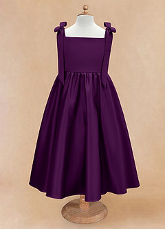 Azazie Chelsie Flower Girl Dresses Grape A-Line Bow Matte Satin Dress image5