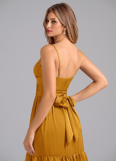 Azazie Nathalia Bridesmaid Dresses Butterscotch A-Line Pleated Stretch Satin Dress image2