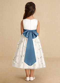 Azazie Pollie Blumenmädchenkleider A-Linie Schleifen Tüll Kleid Elfenbein Stahlblau image6