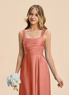 Azazie Azaria Junior A-Linie Plissee Stretch-Satin Kleid Lachsrosa image7