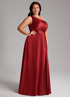 Azazie Brooke Robes de demoiselle d'honneur Robe Trapèze en Satin extensible Une épaule Écarlate image11