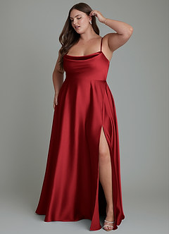 Azazie Elle Bridesmaid Dresses Scarlet A-Line Pleated Stretch Satin Dress image11