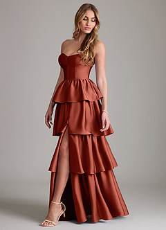 Azazie Faye Bridesmaid Dresses Terracotta A-Line Ruched Stretch Satin Dress image3